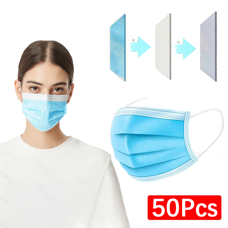 50Pcs 3-layer Mask Face Masks  - Disposable Mask Blue avaliação e preço
